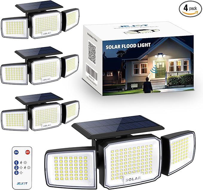 Solar Security Light Outdoor Super Bright LED, Motion Sensor Flood Light, 3 Heads 270° Wide Angle,Remote Control, IP65 Waterproof, 3 Modes (4 Packs)