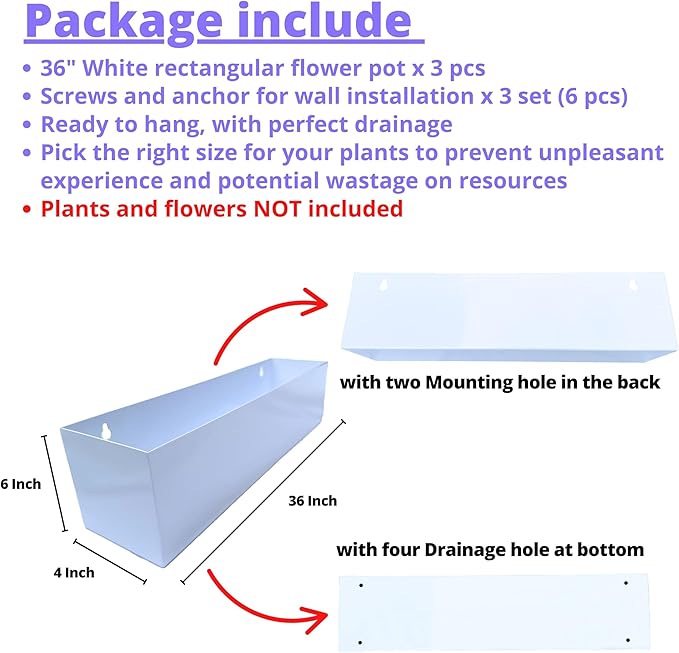 LaLaGreen Wall Planters for Outdoor Plants (36 Inch, 3 Pack) White Carbon Steel Metal Hanging Flower Pots, Long Rectangular Wall Mount Window Box Planters for Succulents, Fence, Deck Home Garden Decor