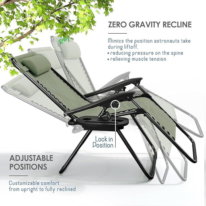 Nestl Zero Gravity Chairs Set of 2, Patio Lounge Chair Outdoor with Pillows & Cup Holder Trays - Sage Green