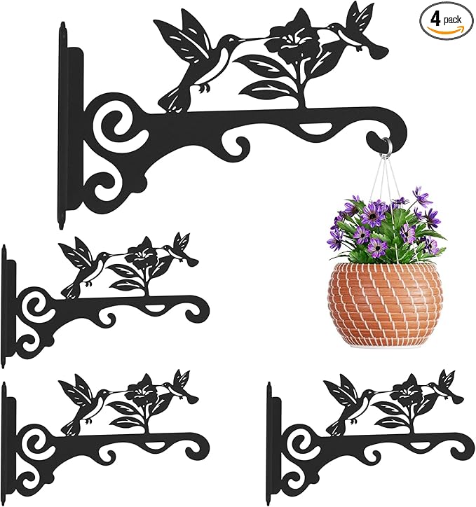 Elegant Bird Pattern Wall Hooks - 10/12/14 Inch Metal Plant Hangers for Indoor & Outdoor - Rust-Resistant Bracket for Plants, Feeders, Chimes, Lanterns (4, Black, 10 inch)