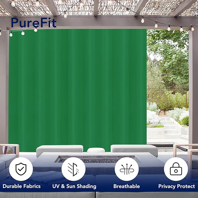 PureFit Outdoor Curtains for Patio Waterproof Weatherproof, UV Resistant Outside Curtains for Gazebo, Front Porch, Pergola, Sun Blocking Privacy Curtain, 100W x 95L inch, 1 Panel, Green