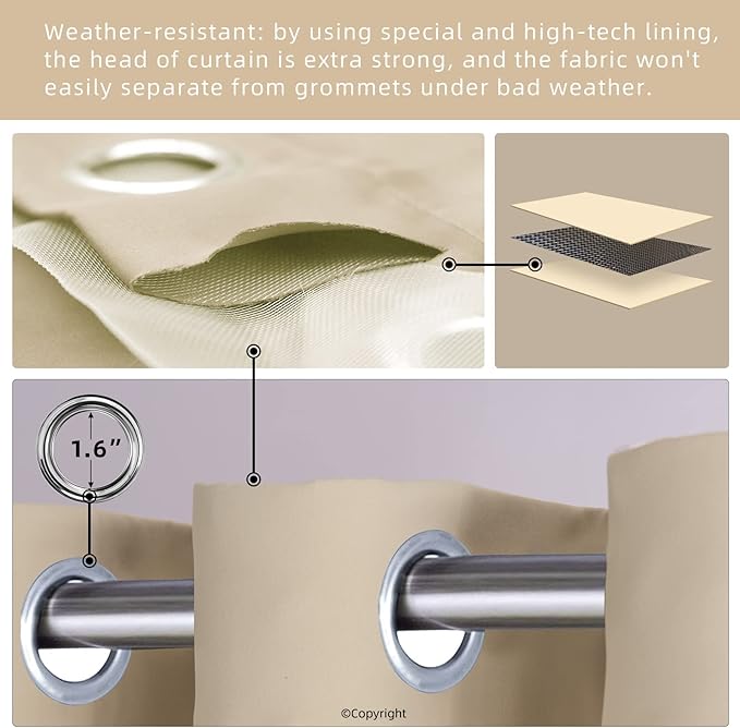 DIVA EN CAMINO DEC Outdoor Patio Curtain Waterproof Darkening Thermal Insulated Indoor Curtains for Bedroom, Porch, Living Room, Pergola, Cabana, W52 x L132, Beige, Set of 2 Panels