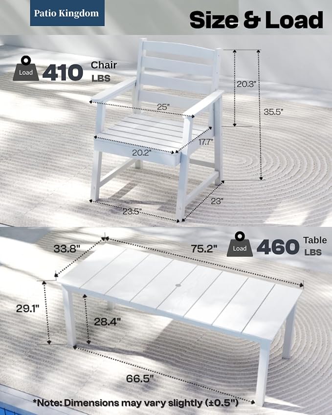 5-Piece White Outdoor Dining Set with White 11FT Large Patio Umbrella, 75.2'' HDPE Table & Chairs for 8, Weather-Resistant Furniture with Umbrella Hole for Patio, Lawn, Poolside