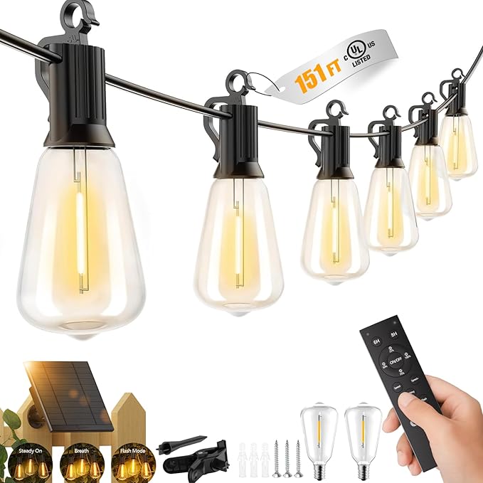 Brightown 151FT Solar String Lights Outdoor Waterproof with Remote, 48+2 LED Shatterproof Bulbs, Dimmable & Timable, 3 Light Modes - Commercial Grade Patio Lights for Garden Backyard Party Decor