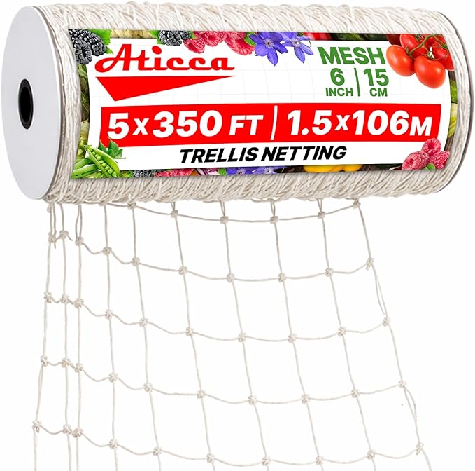 Trellis Netting 5 x 350 ft Heavy Duty Polyester Plant Support Netting White - 6 Inch Garden Rope Trellis on Roll - Mesh Twine for Growing Vine Climbing Plants, Flowers, Peas, and Tomatoes