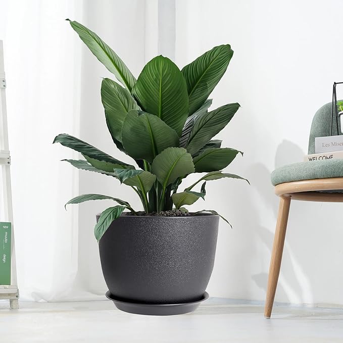 12inch Large Plant Pot, Modern Plastic Planter with High Driange Holes and Saucer for Indoor Outdoor Garden Plants and Flowers, Black