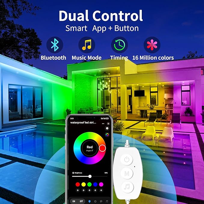 KSIPZE Outdoor led Strip Lights Waterproof IP68, RGB Outdoor led Lights with Button & Bluetooth App Control, Music Sync, Timer, Exterior Led Rope Lights for Decor Balcony, Roof, Garden, Pool
