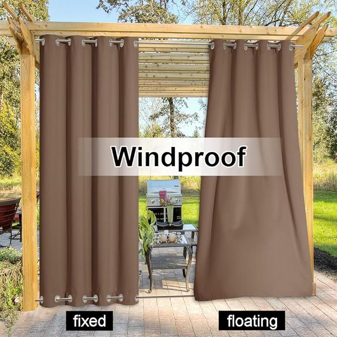 NICETOWN Outdoor Patio Curtains Windproof & Waterproof 2 Panels, Grommet Top & Bottom Wind-Break Thermal Insulated Blackout Extra Wide Weighted Gazebo Blinds for Yard/Porch, Tan, W84 x L108