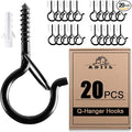 ADIIL 20 PCS Q Hanger Hooks with Safety Buckle, Windproof Screw Hooks for Hanging Outdoor String Lights, Plants, Christmas Patio Lights, 2.2 Inches, Black