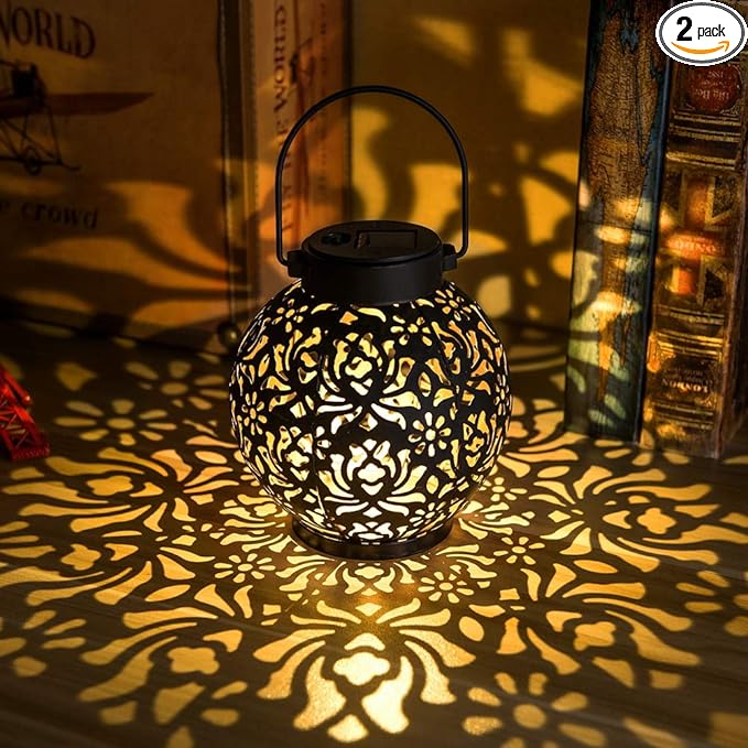 2 Pack Outdoor Solar Hanging Lantern Lights Metal LED Decorative Lamp for Garden Patio Courtyard Lawn and Table with Hollowed-Out Design (Bronze)