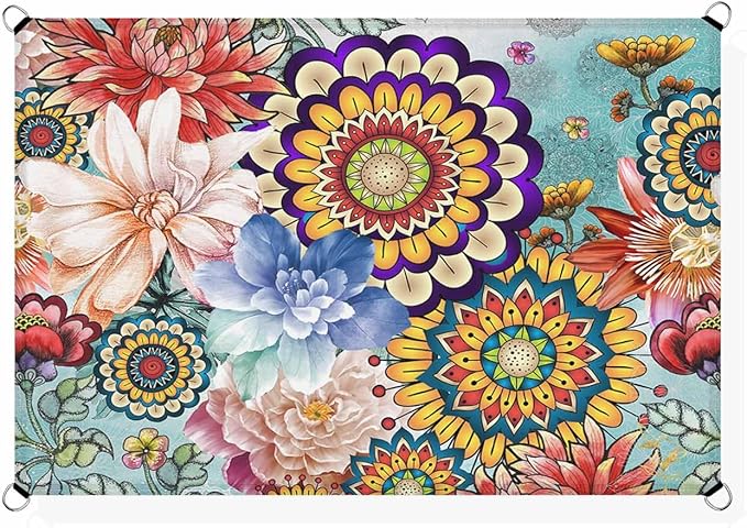 Sun Shade Sail 12'x16' Boho Floral Rectangle Sun Shade Sails Canopy Waterproof Mandala Flowers Plant Outdoor Sunshades Sand UV Block Cover Shade Cloth for Patio Backyard Garden Deck Porch Lawn