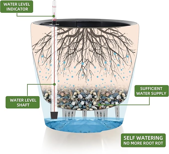 Dexceder 9x8 Inches Self Watering Planter Indoor Outdoor, Inner Pot Design, Thickened Table Flower Plant Pot with Water Level Indicator (Grayish Green Gradient)