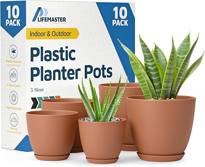 Terracotta Plant Pots with Drainage Holes & Saucers 10 Pack, Indoor & Outdoor Stackable Space-Saving Planters for Houseplants & Flowers, (7", 6.7", 6", 5.3", and 4.8" Inches), Durable & Weatherproof