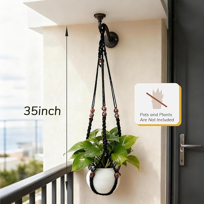 35 Inch Macrame Plant Hanger, Large for up to 15 Inch Pot Extra Long Hanging Planter Holder Basket with Wood Beads for Indoor Outdoor Home Decor (Black, 1-Pack)