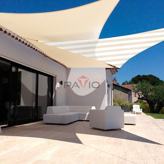 Patio Paradise 17' x 17' x 17' Sun Shade Sail Triangle Canopy Shade Cloth Fabric Sunlight Block Patio Pergola Cover HDPE Deck Awning for Outdoor Backyard Roof Shading, Beige White Strip