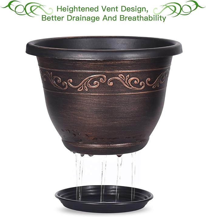 Plastic-Plant-Flower-Planters-16 Inch With Drainage Hole & Saucer, 3 Packs Lightweight Small Resin Flower Pot Indoor Outdoor, Retro Antique Imitation Decorative Garden Containers Sets For Houseplants