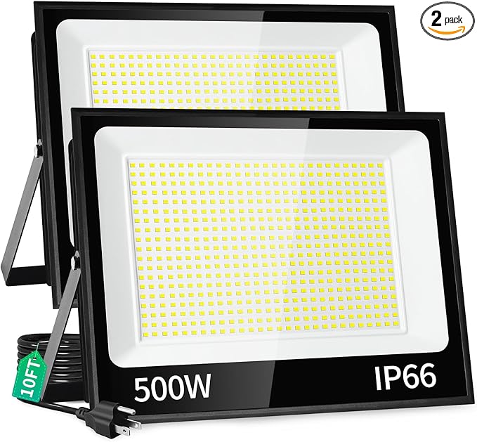 500W LED Flood Light Outdoor with Plug+10ft Cable, 60000LM Ultra Brighter 5000K Exterior Security Light, IP66 Waterproof Commercial Lighting for Sports Fields Counts Arena Stadium(2 Pack)