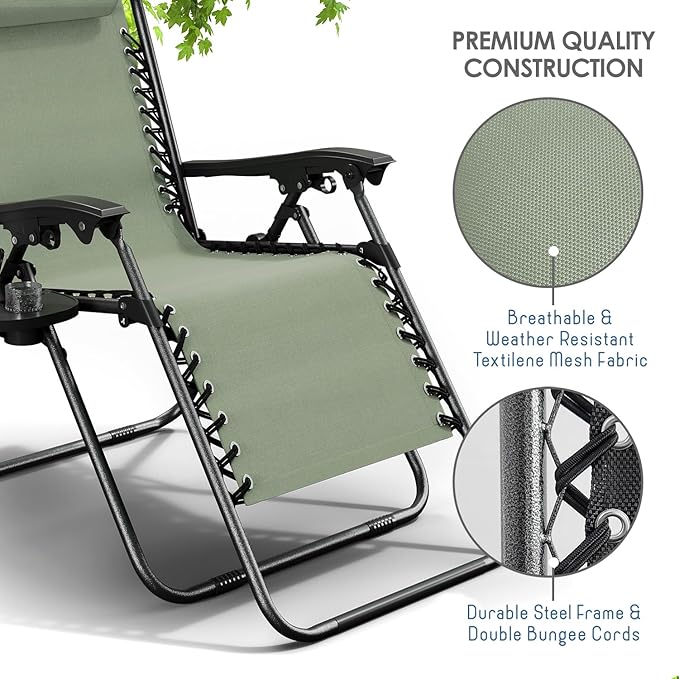 Nestl Zero Gravity Chairs Set of 2, Patio Lounge Chair Outdoor with Pillows & Cup Holder Trays - Sage Green
