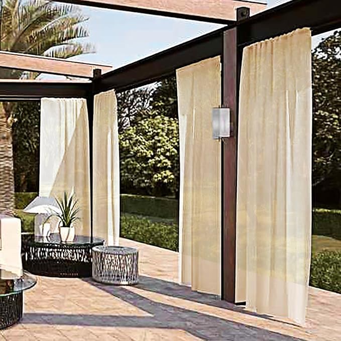 SpaceDresser Waterproof Outdoor Sheer Curtains for Patio - 4 Panels Rod Pocket Indoor Voile Sheer Curtain for Living Room,52W x 84L inch, Beige