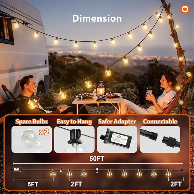 addlon Outdoor String Lights 50FT G40 with Remote, 27 LED Shatterproof Bulbs, Dimmable Patio Globe Lights Waterproof, Hanging Outside Lighting for Backyard, Garden, Deck, Balcony, Porch, Café, Decor