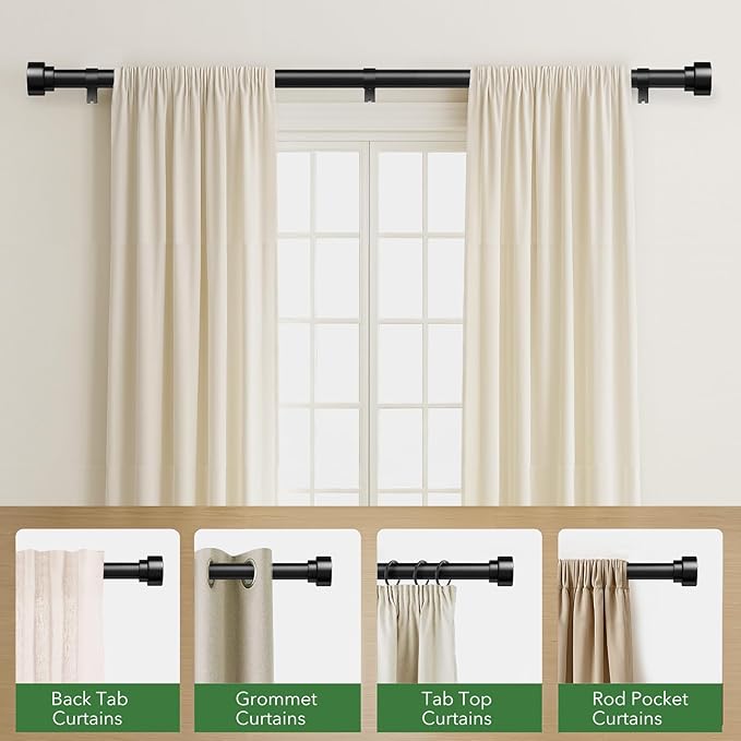 2 Pack Curtain Rods for Windows 72 to 144, 1 Inch Adjustable Black Heavy Duty Long Window Curtain Rod, Modern Style Indoor Outdoor Drapery Rods with End Caps, Size 32" - 150"