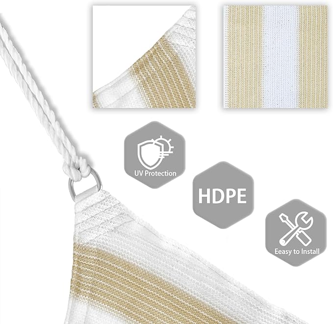 Patio Paradise 15' x 15' x 15' Sun Shade Sail Triangle Canopy Shade Cloth Fabric Sunlight Block Patio Pergola Cover HDPE Deck Awning for Outdoor Backyard Roof Shading, Beige White Strip