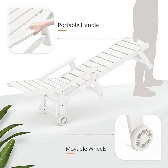 LUE BONA Outdoor Chaise Lounge Chairs Set of 4, HDPS Chaise Lounger, 5 Positions Adjustable Lounge Chairs, Pool Lounge Chair with Wheels for Poolside, White