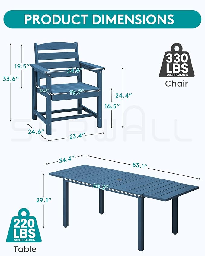 SERWALL 7-Piece Patio Dining Sets, 60" - 83" Expandable Outdoor Dining Table and 6 HDPE Chairs, All Weather HDPE Outdoor Furniture Set for Backyard, Garden, Blue