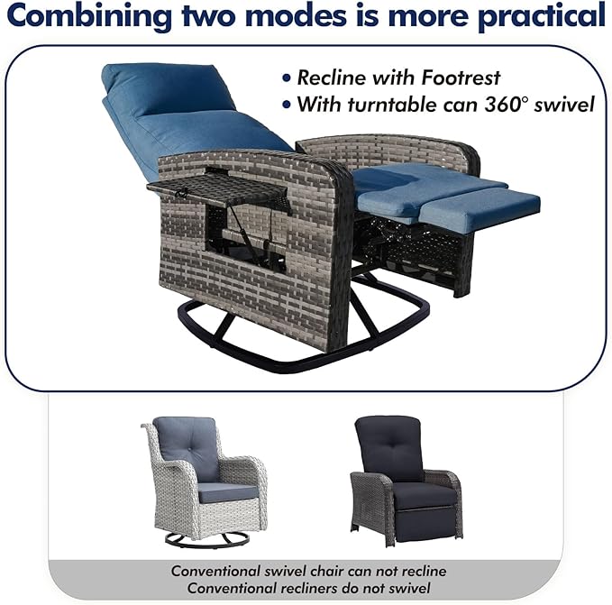 Outdoor Recliner Chair Set of 2, Wicker Patio Recliners with Adjustable Backrest and Extended Foot Rest, Reclining Patio Chairs with Flip Table & Removable Cushion Cover for Porch