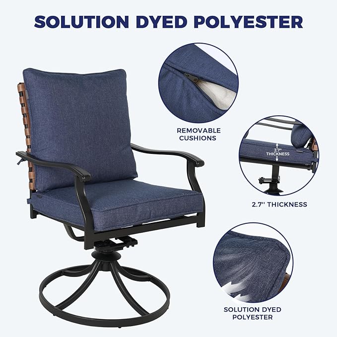 Grand patio 7-Piece Outdoor Dining Set, 6 Leather-Look Wicker Blue Swivel Patio Chairs & 1 Extendable Rectangular Dining Table, Brown