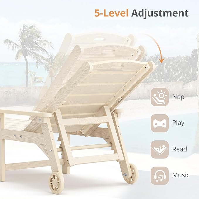 LUE BONA Outdoor Chaise Lounge, HDPS Chaise Lounger, 5 Positions Adjustable Lounge Chairs, Pool Lounge Chair with Wheels for Poolside, Backyard, Sand