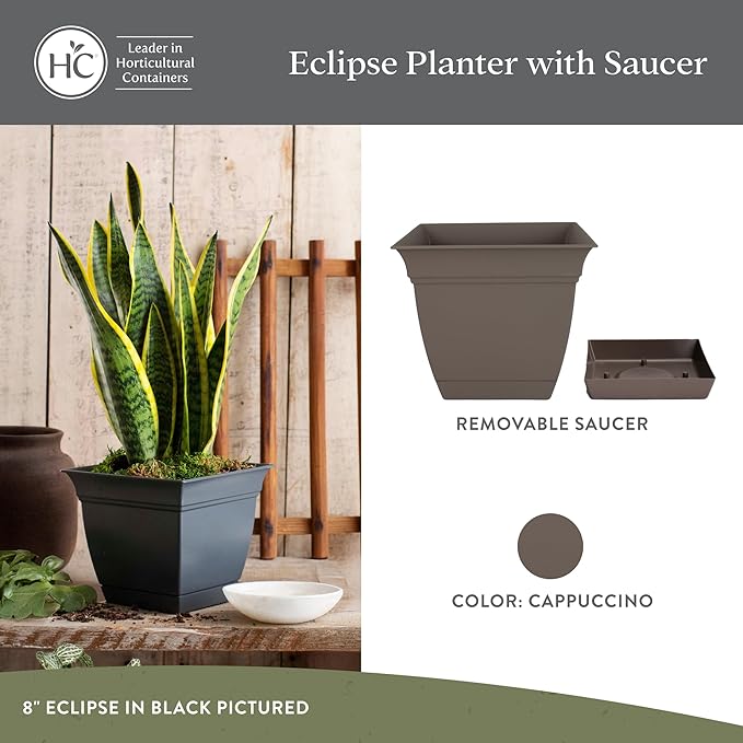 The HC Companies 10 Inch Eclipse Square Planter Pots with Drainage Holes & Attached Saucer, Lightweight UV-Resistant Plastic Indoor Outdoor Planters, 2-Pack Flower Pots, Garden Home Decor, Cappuccino