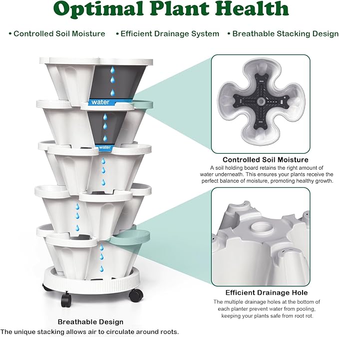 7 Tiered Strawberry Planters 3 Pack, Vertical Stackable Planter, Herb Stacking Tower Garden, Flower and Vegetable Planters with Support Pole Indoor & Outdoor with Removable Wheels - White