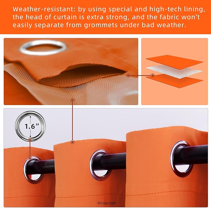 Waterproof Outdoor Curtain W84 x L84 - Grommet Top Sunlight Blocking Window Treatment Drapes Blackout Curtains for Home Bedroom Living Room Outdoor Patio Porch Gazebo (Orange, 2 Panels)