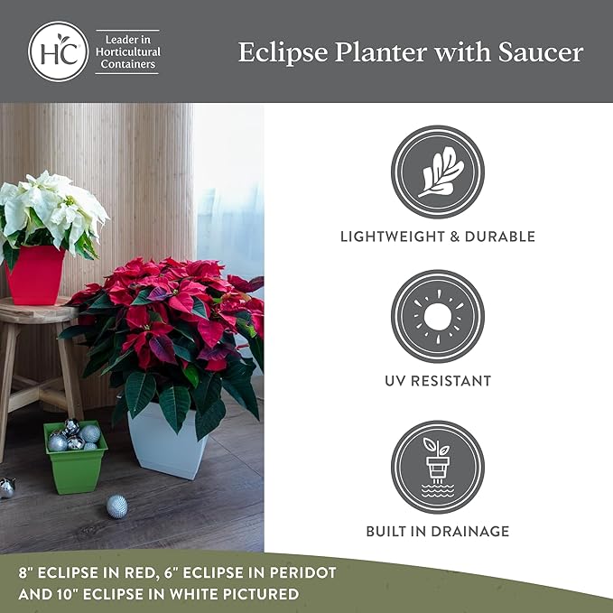 The HC Companies 6 Inch Eclipse Square Planter Pots with Drainage Holes & Attached Saucer, Lightweight UV-Resistant Plastic Indoor Outdoor Planters, 4-Pack Flower Pots for Garden & Home Decor, Red
