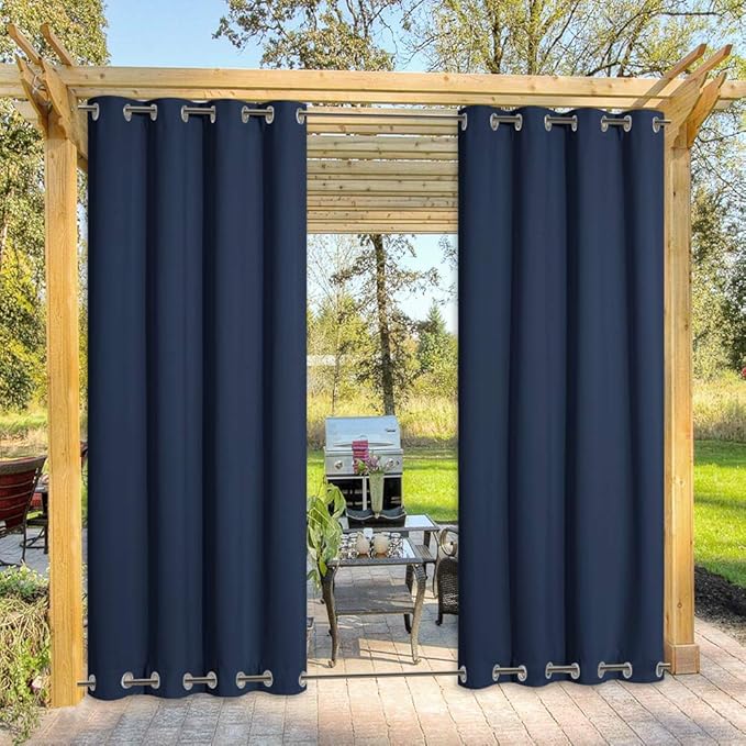 NICETOWN Outdoor Curtain for Patio Waterproof Extra Long 108", Windproof Thermal Insulated Top and Bottom Stainless Steel Grommets Blackout Outdoor Drape for Porch, Navy Blue, 1 Piece, 52" Wide