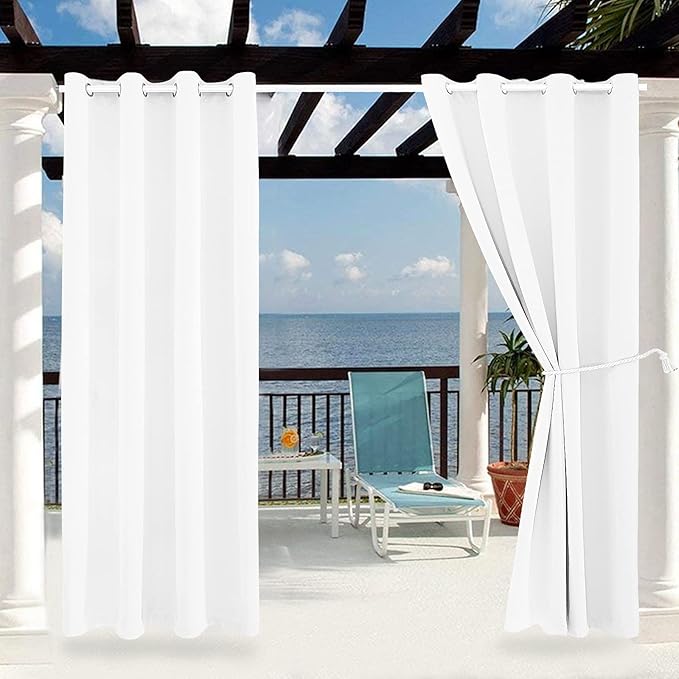 Water Proof Outside Curtains with Grommet Top for Porch, W52 x L72 Thermal Insulated Washable Light Block Outdoor Divider Drapes for Patio Pool Area Pergola Cabana (Pure White, 2 Panels)