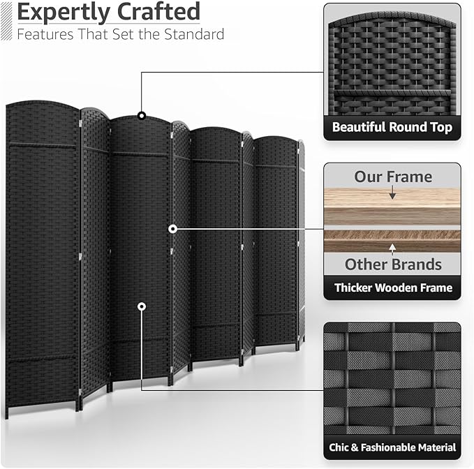 Sorbus 8-Panel Black Room Divider with Double Hinged Panels, 6 ft Tall Folding Privacy Screen