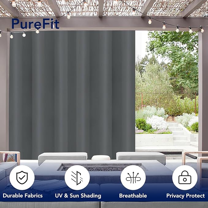 PureFit Outdoor Curtains for Patio Waterproof Weatherproof, UV Resistant Outside Curtains for Gazebo, Front Porch, Pergola, Sun Blocking Privacy Curtain, 100W x 84L inch, 1 Panel, Gray