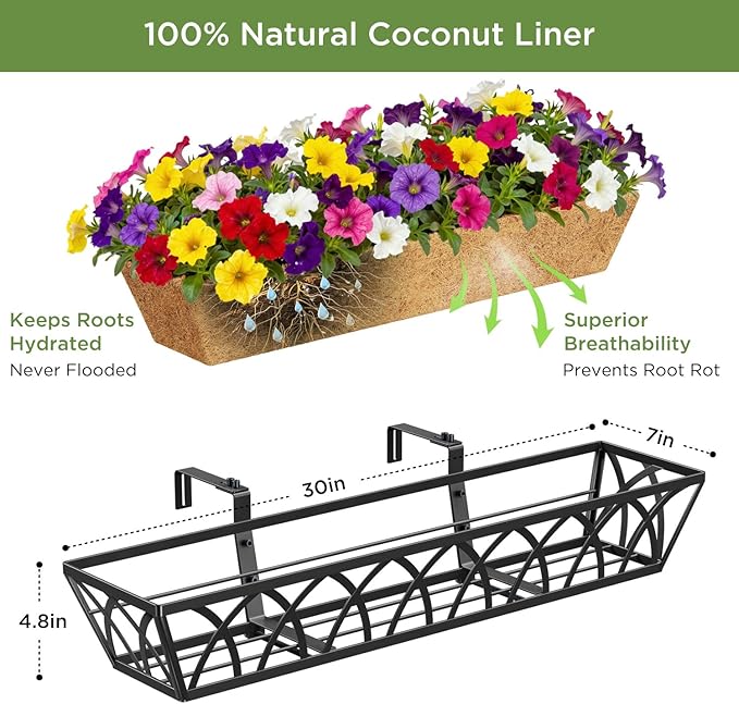 Y&M 30 Inch Window Deck with Coco Liner, Fence Metal Hanging Flower Planter Basket Deck Railing Planter Boxes for Outdoor Garden Lawn, 24" Window Boxes Horse Trough with Coconut Coir Liner,2pcs