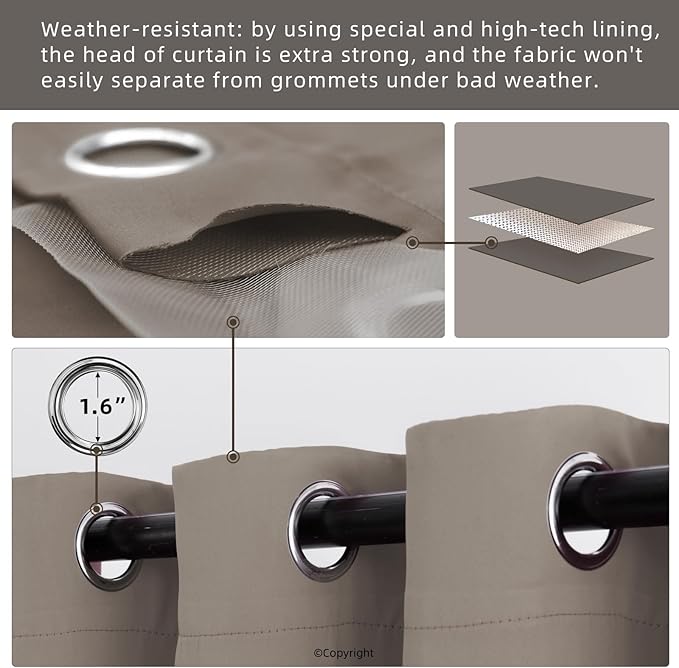 DIVA EN CAMINO DEC Outdoor Patio Curtain Waterproof Darkening Thermal Insulated Indoor Curtains for Bedroom, Porch, Living Room, Pergola, Cabana, W52 x L72, Taupe, Set of 2 Panels