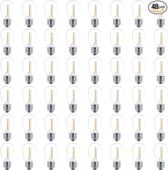 Meconard 48 Pack S14 LED String Light Bulbs, 1 Watt Shatterproof Replacement Bulbs for Patio Outdoor Sting Lights, E26 Medium Screw Base, Warm White 2200K, Non-Dimmable
