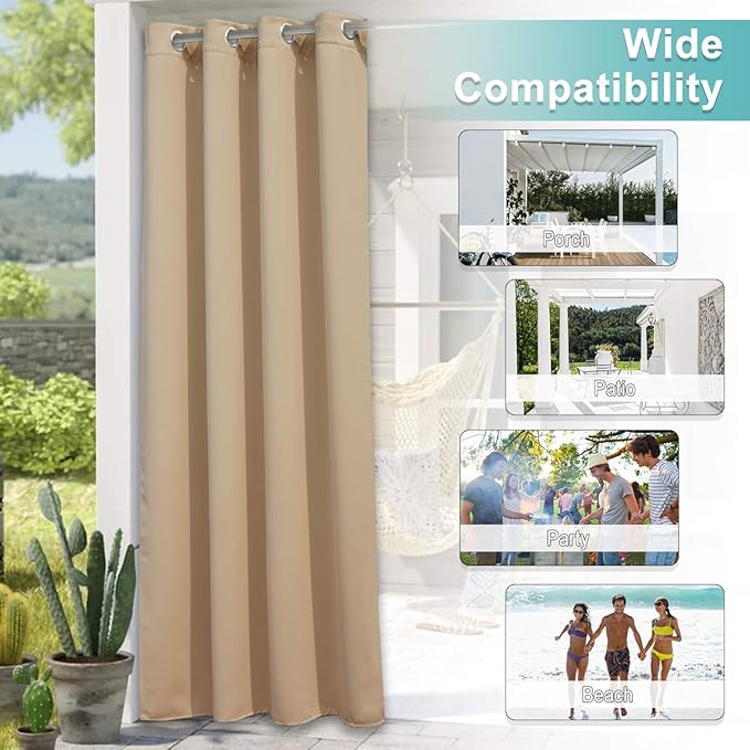 NICETOWN Outdoor Curtain Waterproof for Patio 84" Extra Long, Grommet Top Room Darkening Thermal Insulated 140" Extra Wide Protect You from Sun & Rain for Balcony/Porch, Biscotti Beige, 1 Panel