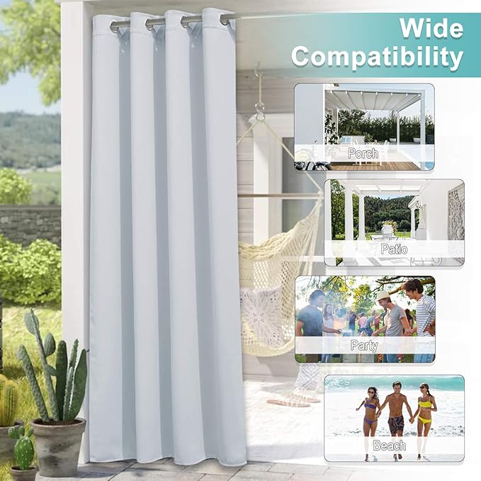 NICETOWN Large Outdoor Curtain for Cabana Waterproof, Rust-Proof Grommet Top Room Darkening Patio Door Panel Heavy Weight Keep Privacy for Party/Terrace, Greyish White, 1 Panel, W140 x L95