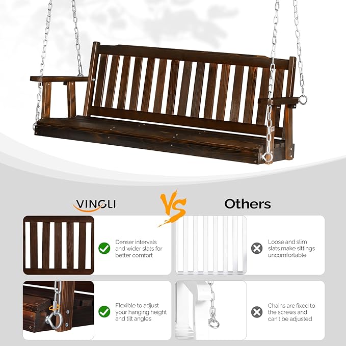 VINGLI Heavy Duty 880 LBS 5 FT Patio Wooden Porch Swing Outdoor with Upgraded Adjustable Chains, Outdoor Hanging Swing Bench for Garden, Yard, Balcony (5 FT, Rustic)