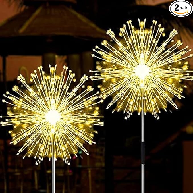 JJGoo Solar Firework Lights, 2 Pack 135 LEDs 2 Lighting Modes Solar Garden Lights Outdoor Waterproof for Yard Patio Walkway Pathway Party Wedding Christmas Decorative - Warm White