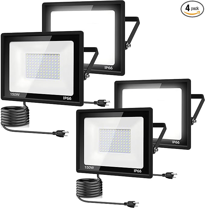 4Pack LED Flood Light Outdoor,150W LED Work Light 15500lm with 6FT US Plug,IP66 Waterproof Exterior Security Lights,6000K Daylight White Outside Floodlights Slim Design for Playground Yard