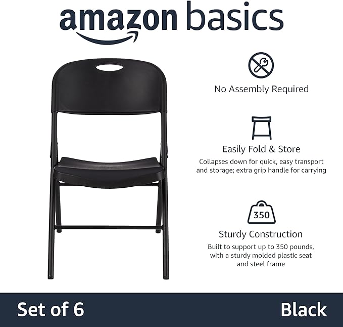 Amazon Basics Sturdy Foldable Plastic Chair, Portable, 350-Pound Capacity, Black, 6-Pack