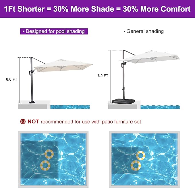 PURPLE LEAF 8' X 8' Patio Umbrella with Steel Plate Base for Pool 7' High Offset Outdoor Cantilever Umbrella Swimming Pool Umbrella with 360°Rotation for Poolside Beige