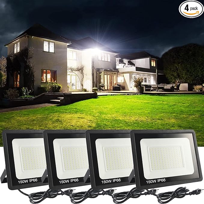 4Pack LED Flood Light Outdoor,150W LED Work Light 15000lmwith 6FT US Plug,IP66 Waterproof Exterior Security Lights,6000K Daylight White Outside Floodlights Slim Design for Playground Yard